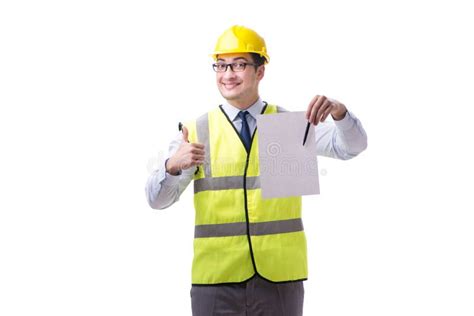 Construction Supervisor With Blank Sheet Isolated On White Backg Stock