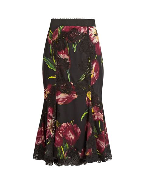 Tulip Print Lace Panelled Silk Blend Skirt Dolce And Gabbana