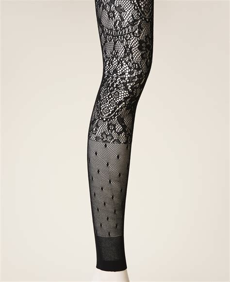 Mesh Leggings With Lace And Polka Dots Woman Black Twinset Milano
