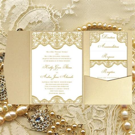 Pocket Fold Wedding Invitations Vintage Lace Gold Diy