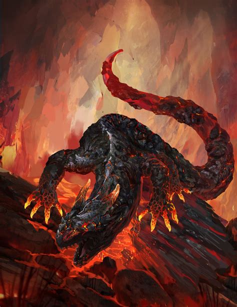 An Artistic Painting Of A Dragon In The Middle Of A Fire Filled Area
