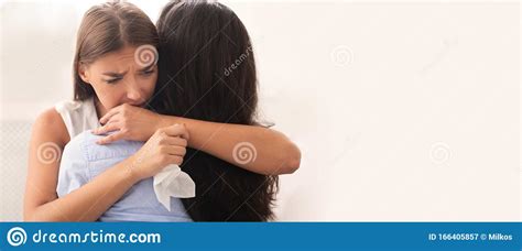 Girl Embracing And Comforting Crying Desperate Friend White Background Panorama Stock Image