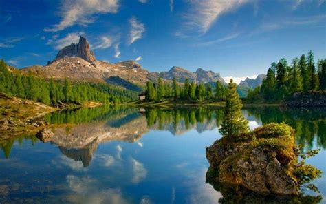 Lake Dolomites Mountains Forest Mountains Reflection Alps