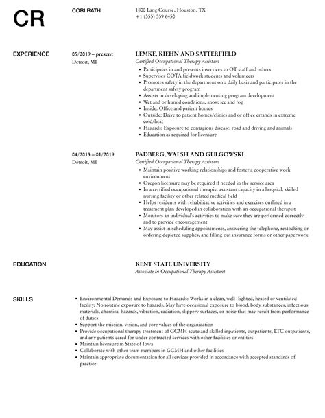 Certified Occupational Therapy Assistant Resume Samples | Velvet Jobs