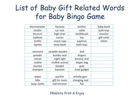 Boy Baby Shower Bingo Cards Prefilled With Baby T Words