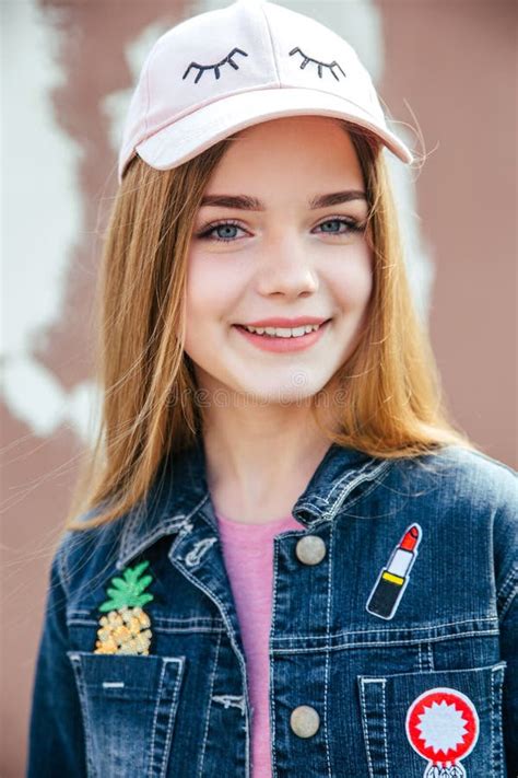 Portrait Closeup Beautiful Young Girl In City Smiling Girl In Hat