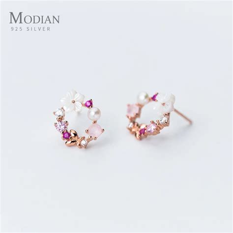 Modian Original Brand Round Pink Flower Zircon Stud Earrings Fashion