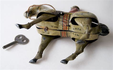 Antique Tin Litho Wind Up Jockey On Horse Toy Germany