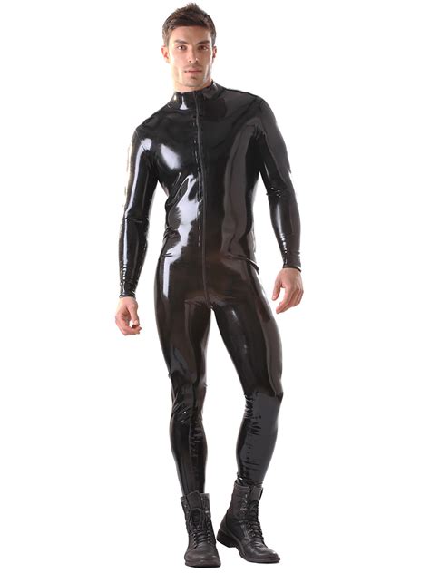 Honour Mens Kinky Male Catsuit In Rubber Black Skin Tight Two Way Zip