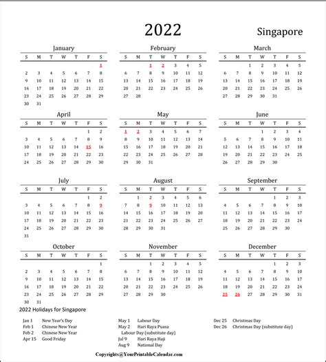Free Printable Singapore 2022 Calendar With Holidays Pdf