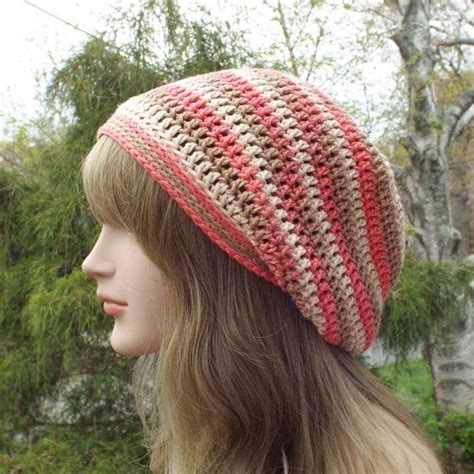 Coral And Brown Slouchy Beanie Womens Crochet Hat Oversized Etsy Crochet Hat For Women