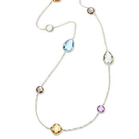 Multi Stone Station Necklace 36 Inches 14k Yellow Gold Gemstone