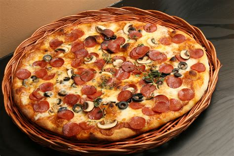 Italian Pizza With Pepperoni Black Olives And Mushrooms Baked In An