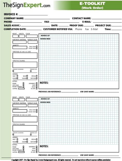 Here's a printable sheet template you can use for your company's work orders. Free Sign Shop Forms | The Sign Expert .com