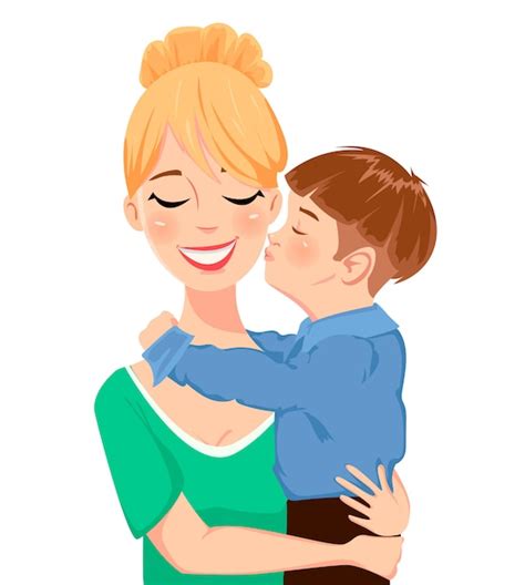 Niño Abrazando Y Besando A Su Mamá Vector Premium