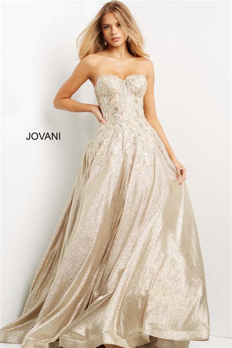 Jovani Dress 07497 Gold Floral Appliques Glitter A Line Formal Gown