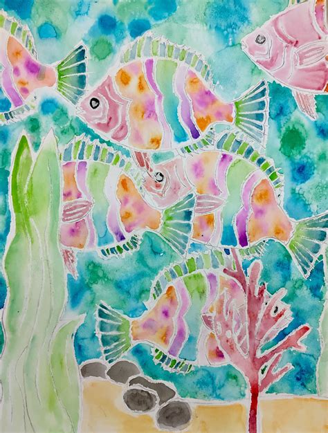 Watercolor And Crayon Resist Fish Paintings Fish Painting Watercolor