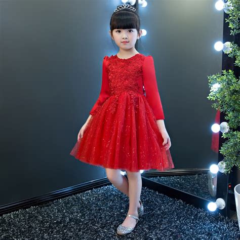 Glitz Red Tulle Girl Autumn Dress Long Sleeve Flower Girl Party Pageant