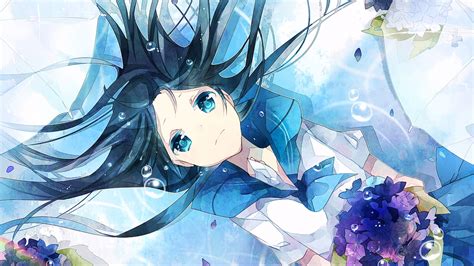 Wallpaper Illustration Flowers Long Hair Anime Girls Brunette Artwork Blue Original