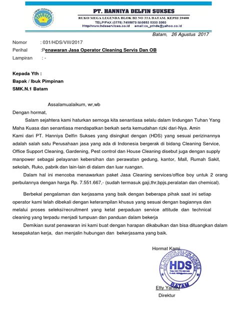 Pangeran wijil no 221 surakarta surakarta, 11 oktober 2016. Contoh Surat Penawaran Jasa Cleaning Service