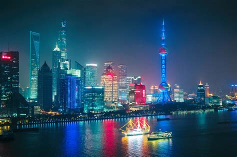 Aerial Panoramic View Over A Big Modern City By Night Shanghai China