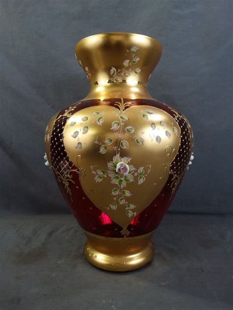 Lg Vintage Italian Red Murano Art Glass 24kt Gold Overlay Bohemian Flower Vase Malování