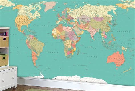 World Map Wall Mural In Pastel Bright Colors Detailed Map Etsy