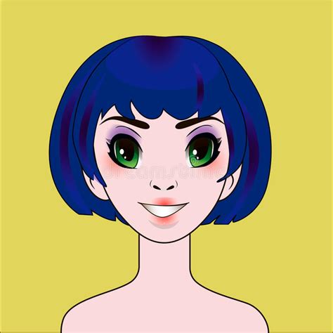 Anime Girl With Blue Bob Hairstyle Portrait Stock