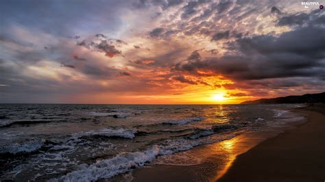 Great Sunsets Clouds Coast Waves Sea Beautiful Views Wallpapers