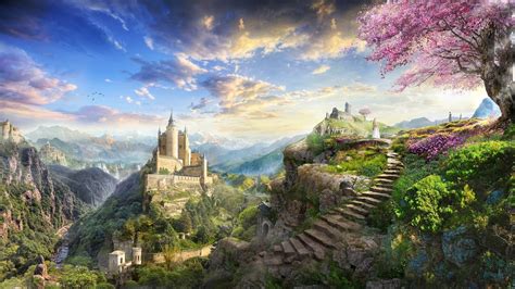 Download Flower Tree Castle Landscape Artistic Fantasy Wallpaper By