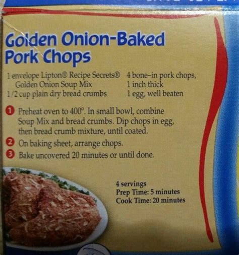 Bake for about 1 hour, or until pork chops are cooked through and liquid is. Baked Pork Chop With Lipton Onion Soup - 3 Lipton Soup Mix ...