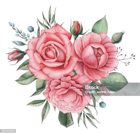 Kézzel Festett Akvarell Bájos Kombinációja Virágok És Levelek