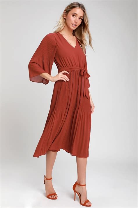 Flirty And Thriving Rust Red Pleated Midi Dress Pleated Midi Dress