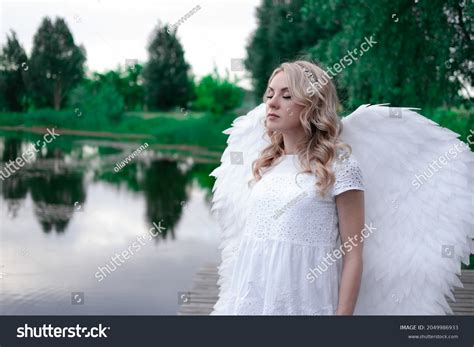 Woman White Angel Wings Beautiful Blonde Stock Photo 2049986933
