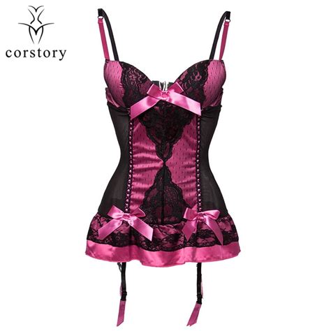 Corstory Pink Satin And Black Mesh Lace Push Up Bustier With Sling And Bows Fancy Sexy Lingerie