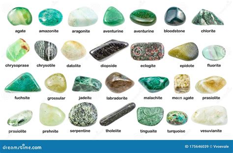 Set Of Various Green Gemstones With Names Isolated Stock Image Image