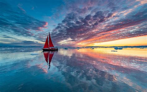 Wallpaper Sailboat Sea Clouds Ice Sunset Water Reflection