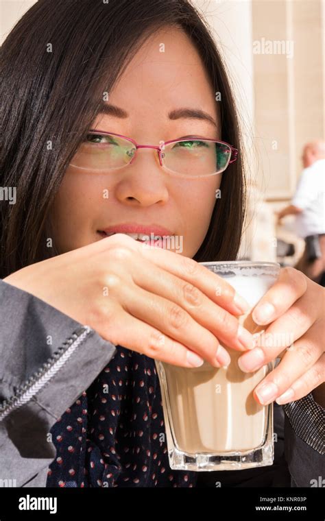 Beautiful Asian Girl Portrait Cafe Drinking Coffee Customer Restaurant Latte Macchiato Glass