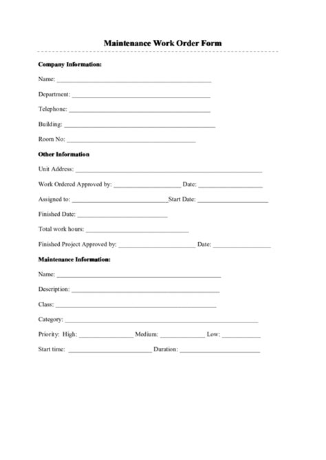 Fillable Maintenance Work Order Form Printable Pdf Download