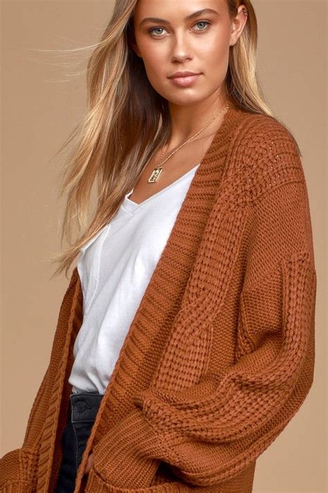 Tres Cozy Rust Brown Chunky Cable Knit Oversized Cardigan Oversized