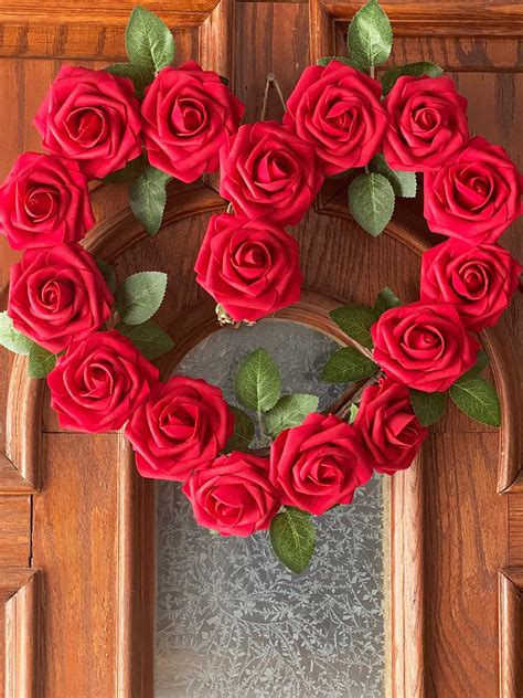 Heart Shaped Wreath Red Roses Decor Front Door Wreaths Etsy
