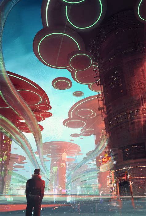 A Man Standing In The Middle Of A Futuristic City With Lots Of Lights On It