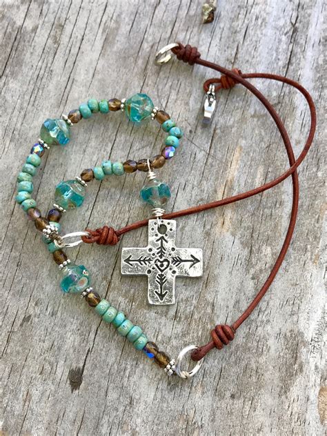Turquoise Crystal Cross Necklace Cowgirl Beaded Boho Style Rustic