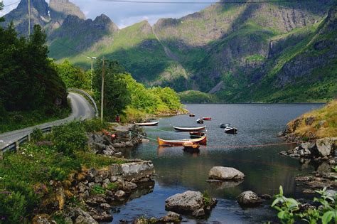 Norway Mountains Lake Roads Boats Stones Scenery Nordland Fylke