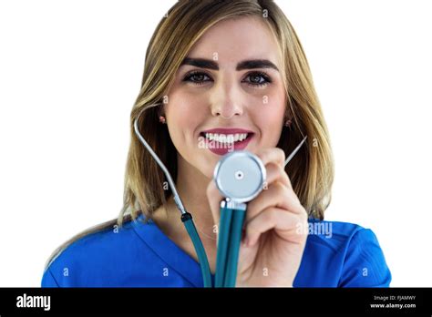 Smiling Nurse Using Stethoscope Stock Photo Alamy