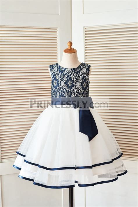 Navy Blue Gold Lace Ivory Tulle Layered Flower Girl Dress