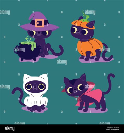 Hand Drawn Flat Halloween Black Cats Collection Vector Design Illustration Stock Vector Image