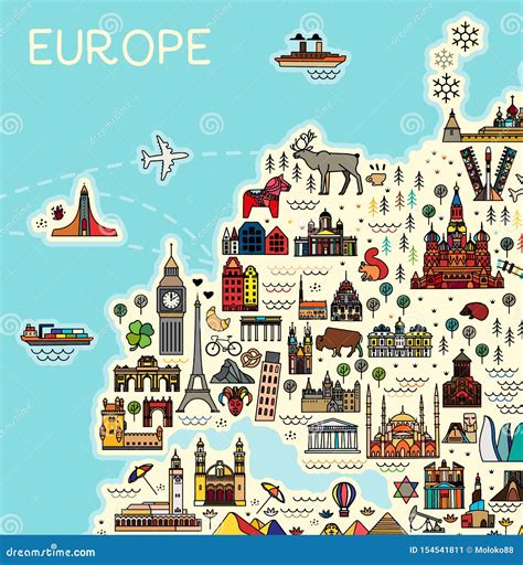 Europe Map With Famous Sightseeing Travel Guide Stock Illustration