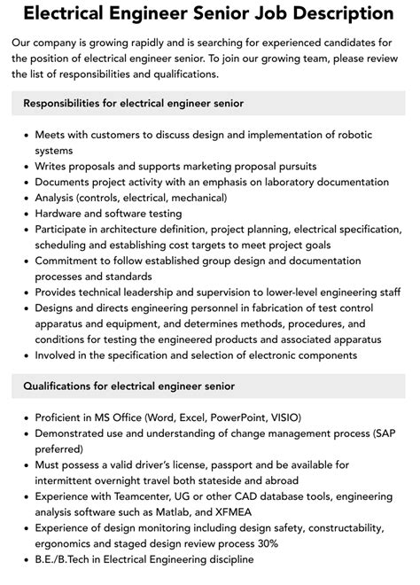 Electrical Engineering Job Description