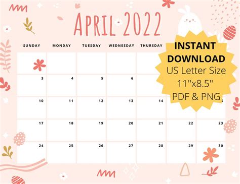 Editable April 2022 Monthly Calendar Printable Pink Bunny Etsy India
